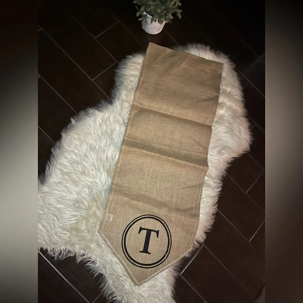 Mudpie burlap table runner monogram “T”